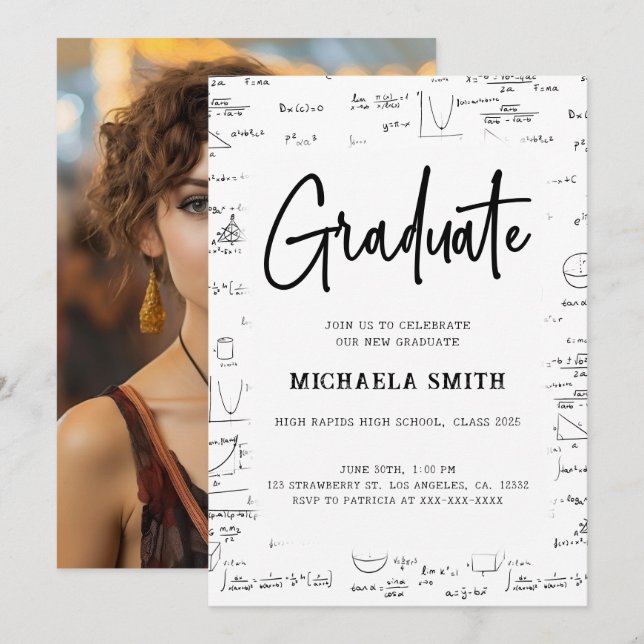 Invitación Graduación de Matemáticas en Blanco y Negro Foto d (Anverso / Reverso)