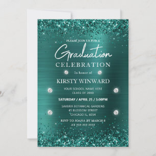 Invitación Graduación de Metal Cepillado Teal y Brillo