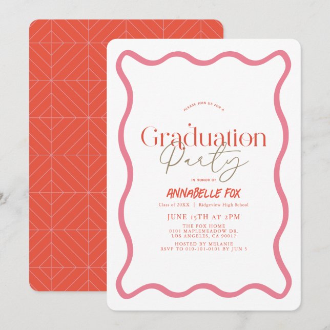 Invitación Graduación de moda de marco ondulado rosa (Anverso / Reverso)