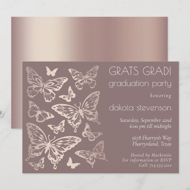 Invitación Graduación de Moda de mariposa | Oro Rosa de cobre (Anverso / Reverso)