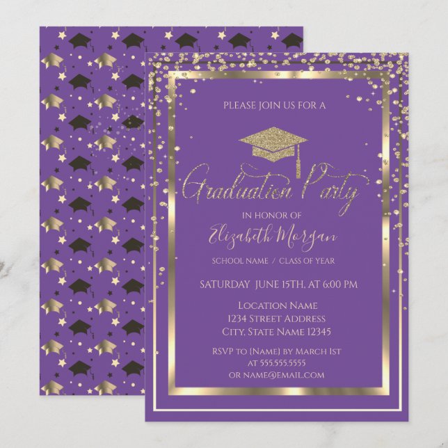 Invitación Graduación de moda de oro del tapón de graduación  (Anverso / Reverso)
