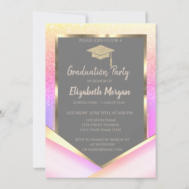 Invitación Graduación de moda Ombre Purpurina Diamantes (Anverso)