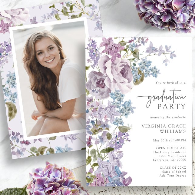 Invitación Graduación de morado floral (Purple Floral Graduation Invitation Picture on back by Painted Paperie
)