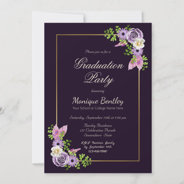 Invitación Graduación de morado floral de lavanda de borde do (Anverso)