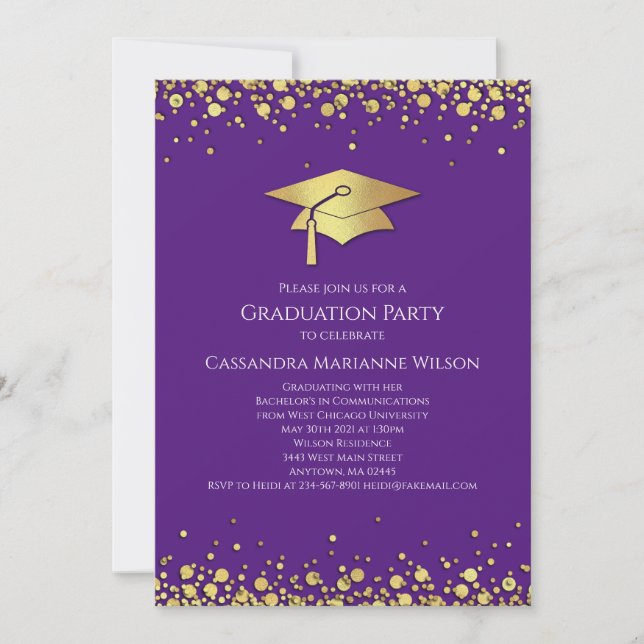Invitación Graduación de Morado y Dorado (Anverso)