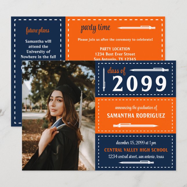 Invitación Graduación de naranja y marina (Anverso / Reverso)