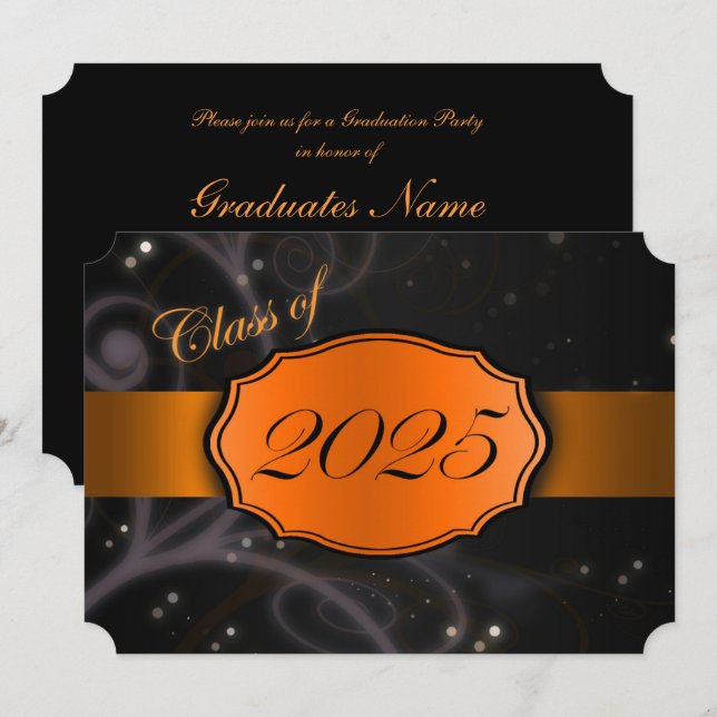 Invitación Graduación de naranja y negro 2025 (Anverso / Reverso)