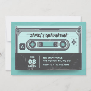 Invitación Graduación de negro verde vintage con cinta casset