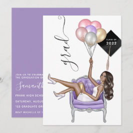 Invitación Graduación de niña afroamericana de negro y púrpur