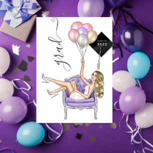 Invitación Graduación de niña de globo rubia negra y púrpura