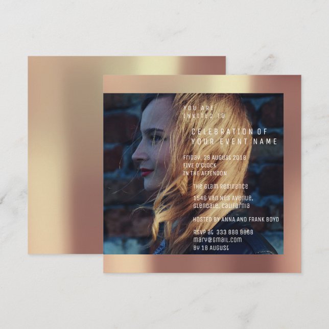 Invitación Graduación de Novialidad Foto Cumpleaños Copper Me (Anverso / Reverso)