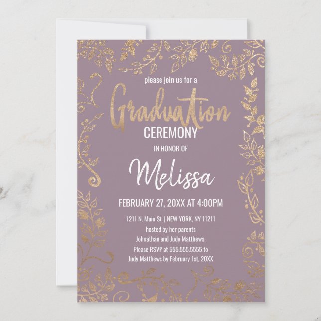 Invitación Graduación de Ombre Mauve Lilac, Purpurina de Flor (Anverso)