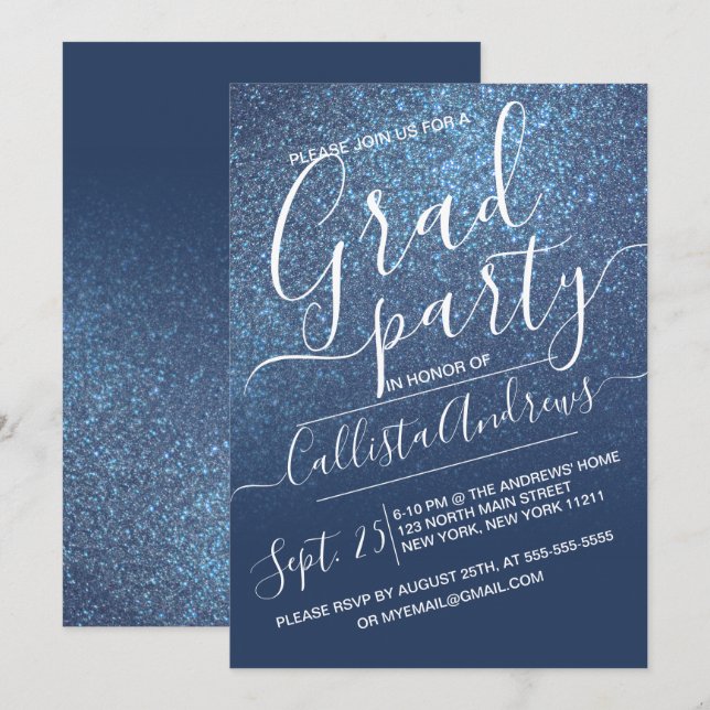 Invitación Graduación de Ombre Purpurina de la Marina Azul de (Anverso / Reverso)