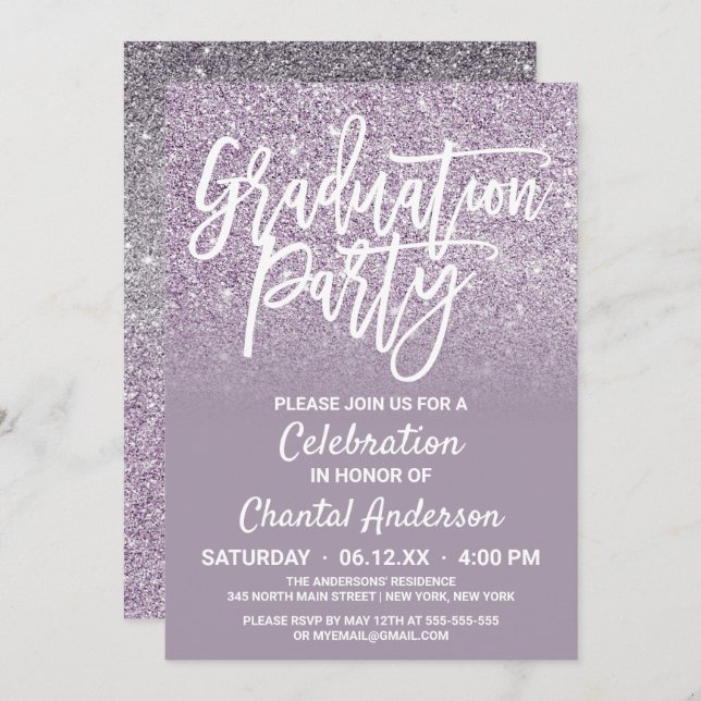 Invitación Graduación de Ombre Purpurina Dusty Purple Gray Fa (Anverso / Reverso)