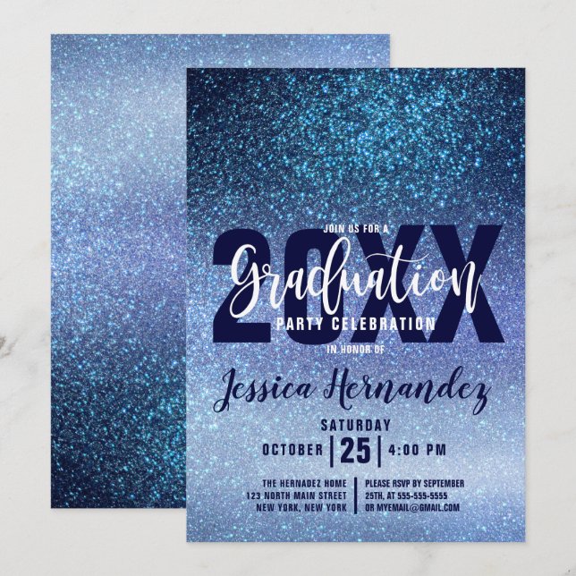 Invitación Graduación de Ombre, Triple Purpurina azul Aqua Ba (Anverso / Reverso)