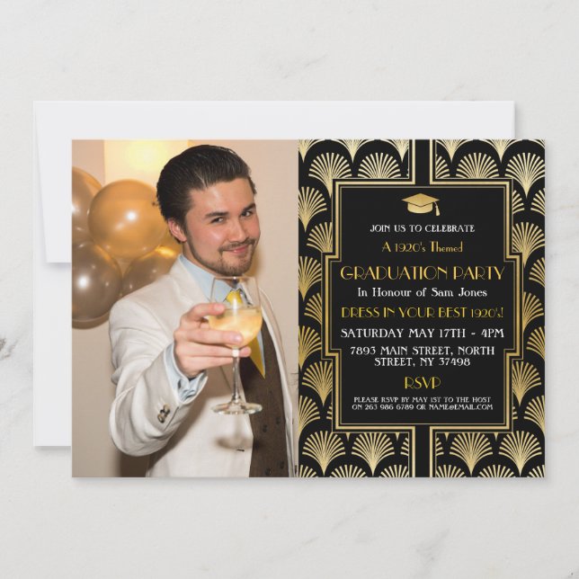 Invitación Graduación de oro Art Déco de los años 1920 Gatsby (Anverso)