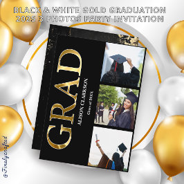 Invitación Graduación de oro blanco y negro 2025 3 Fotos Fies