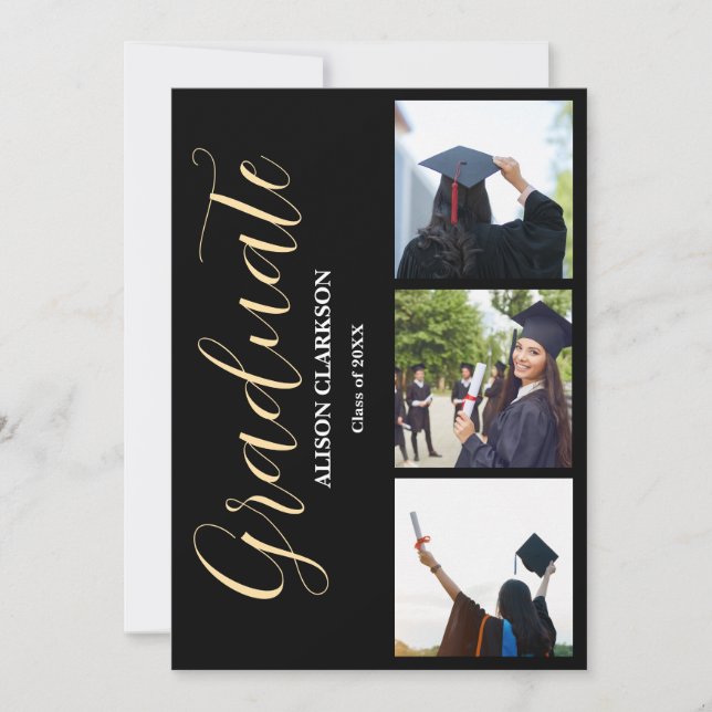 Invitación Graduación de oro blanco y negro 2025 3 Fotos Fies (Anverso)