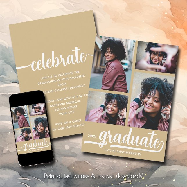 Invitación Graduación de oro de 4 Collages de fotos moderna (Modern 4 photo collage gold graduation party invitations)