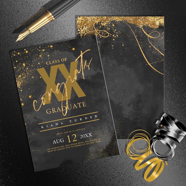 Invitación Graduación de oro de líneas finas Abstract Black I (Subido por el creador)