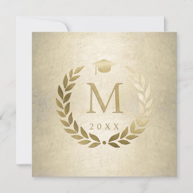 Invitación Graduación de oro Laurel Wreath Grad Cap Monograme (Anverso)