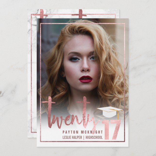 Invitación Graduación de oro/mármol Rosa PixDezines (Anverso / Reverso)