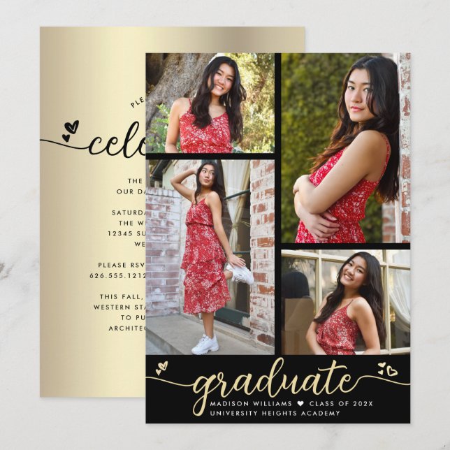 Invitación Graduación de oro negro 4 Corazones fotográficos (Anverso / Reverso)