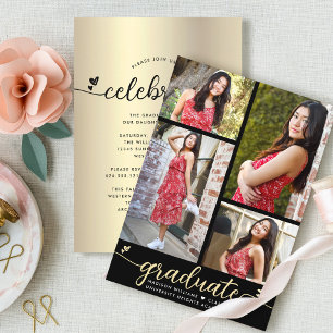 Invitación Graduación de oro negro 4 Corazones fotográficos