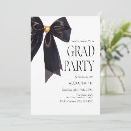 Invitación Graduación de Oro Negro Elegante Lazo de Lujo