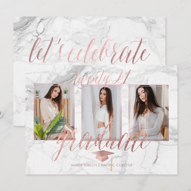 Invitación Graduación de oro Rosa PixDezines Marble Faux (Anverso / Reverso)