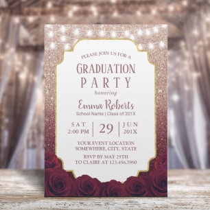 Invitación Graduación de Oro Rosa y Purpurina Rojo Borgoña Om