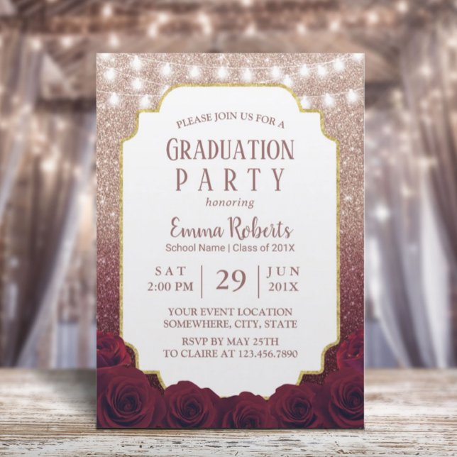 Invitación Graduación de Oro Rosa y Purpurina Rojo Borgoña Om (Subido por el creador)