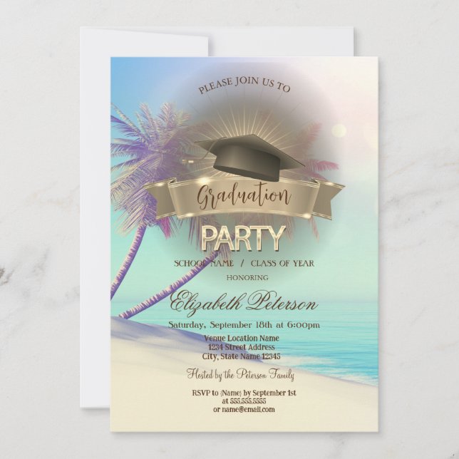 Invitación Graduación de palmas de playa tropical (Anverso)