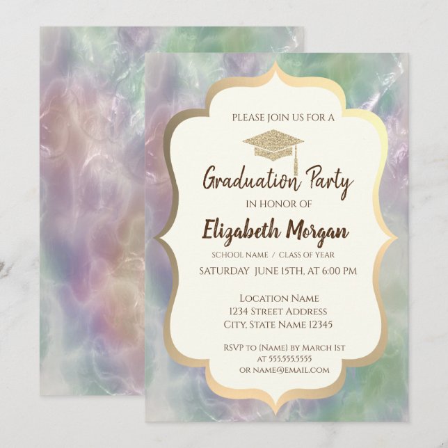 Invitación Graduación de Perla Holográfica de Cap de purpurin (Anverso / Reverso)