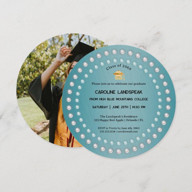 Invitación Graduación de perlas y Metalizado cepillado azul v (Anverso / Reverso)
