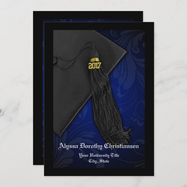 Invitación Graduación de Personalizado de Blue Tassel Charm C (Anverso / Reverso)