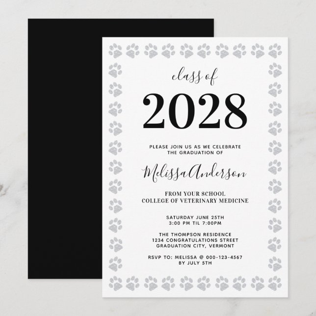 Invitación Graduación de pinturas de Purpurina plateado moder (Anverso / Reverso)
