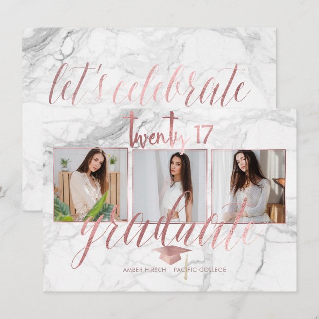 Invitación Graduación de PixDezines Marble Faux Rosa Gold 201 (Anverso / Reverso)