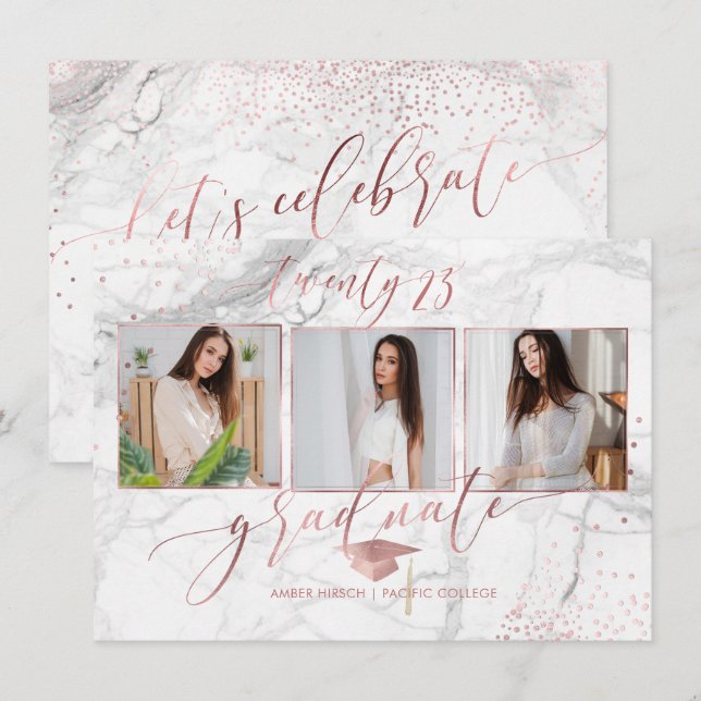 Invitación Graduación de PixDezines Marble Faux Rosa Gold 201 (Anverso / Reverso)