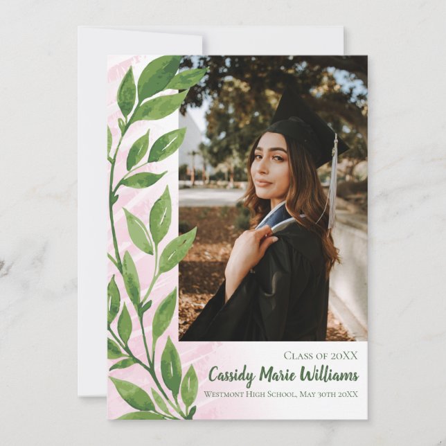 Invitación Graduación de planta de marfil verde acuarela (Anverso)