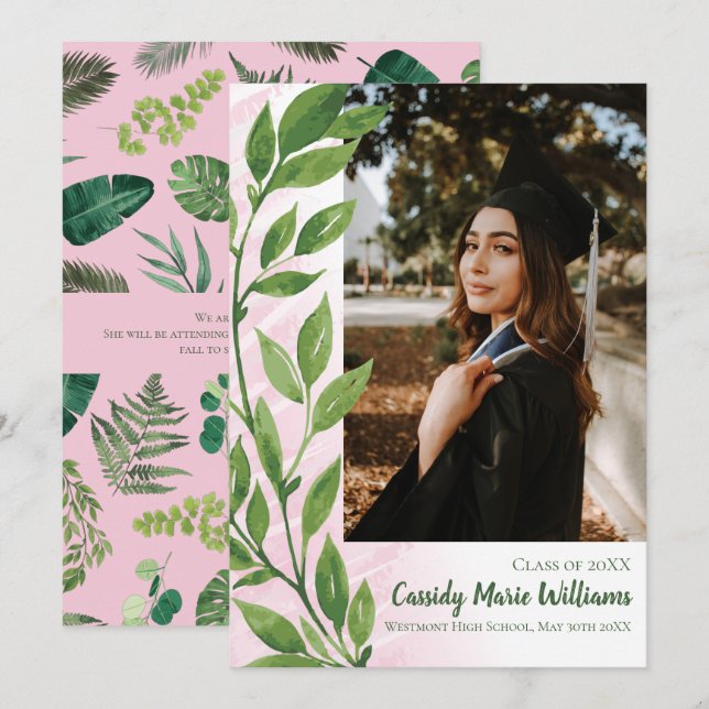 Invitación Graduación de planta rosa marfil verde marrón acua (Anverso / Reverso)