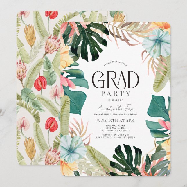 Invitación Graduación de Plantas Tropicales Florales y Botáni (Anverso / Reverso)