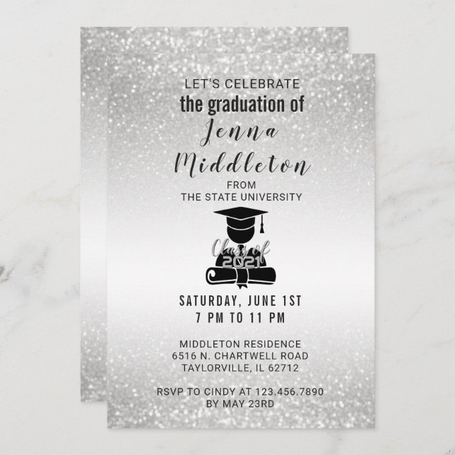 Invitación Graduación de plata del purpurina (Anverso / Reverso)