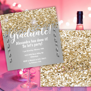 Invitación Graduación de plata metálica y Purpurina de oro