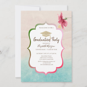Invitación Graduación de Playa de purpurina Cap Hibiscus
