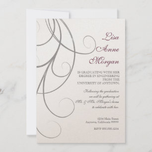 Invitación Graduación de Plum n Silver Leaf Swirl Damask 2