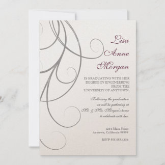 Invitación Graduación de Plum n Silver Leaf Swirl Damask 2