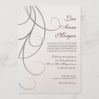 Invitación Graduación de Plum n Silver Leaf Swirl Damask 2