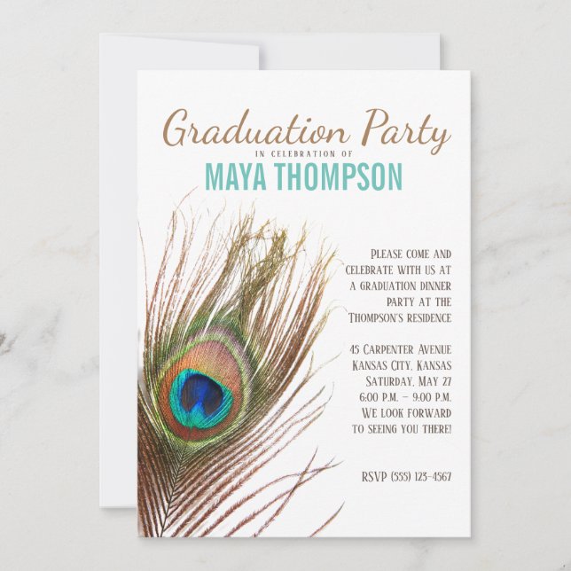 Invitación Graduación de plumas de pavo real (Anverso)