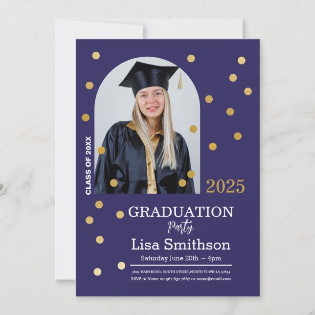 Invitación Graduación de Polka Dot Foto de oro de la Marina C (Anverso)